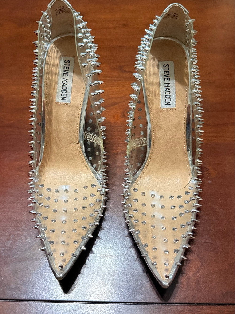 Steve Madden Clear Pointed Toe Heels with Silver Spikes (Vala-S)